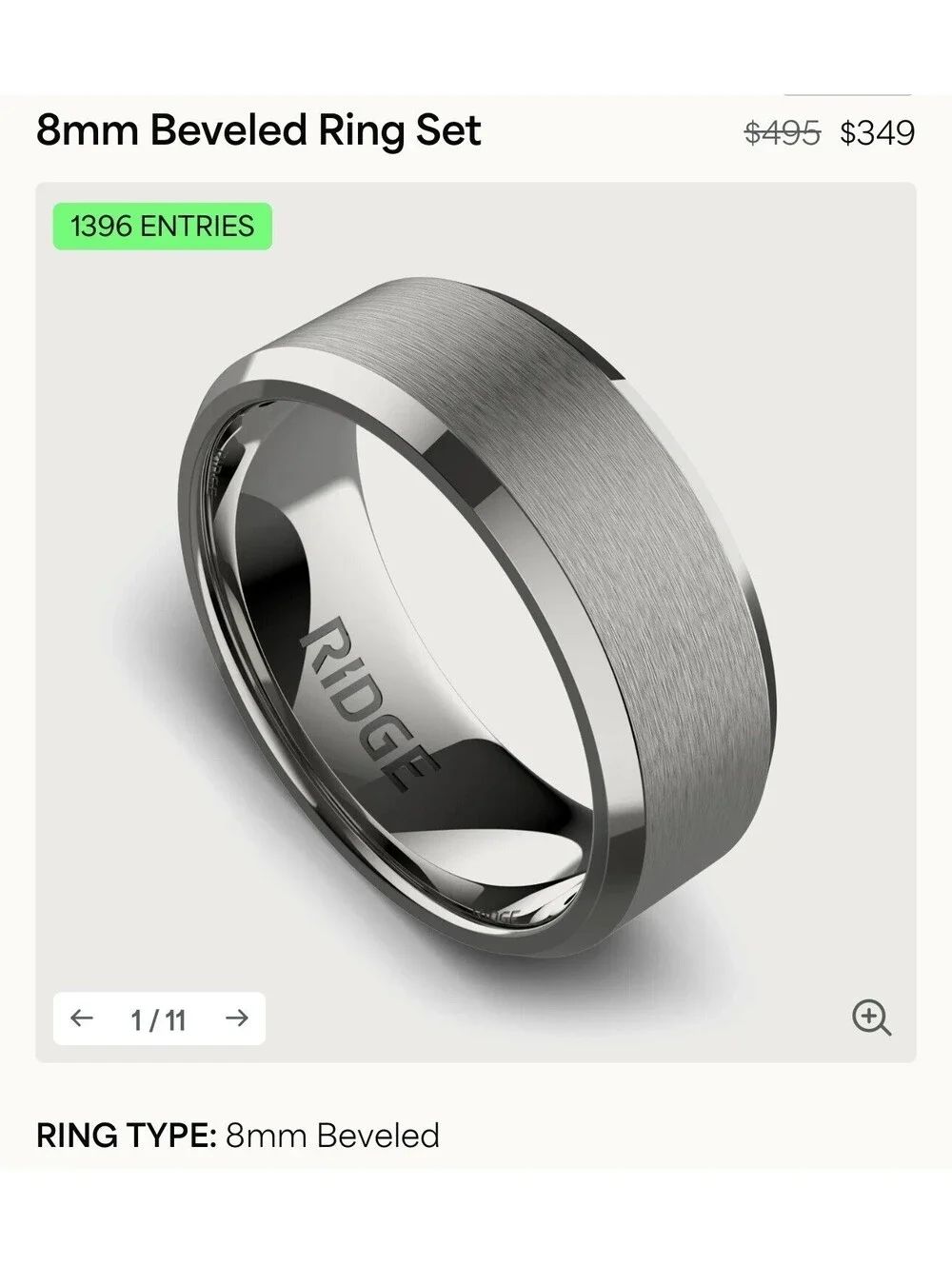 Ridge 8mm Beveled Tantalum Men’s Ring Platinum Silver Size 12.5 Wedding Band